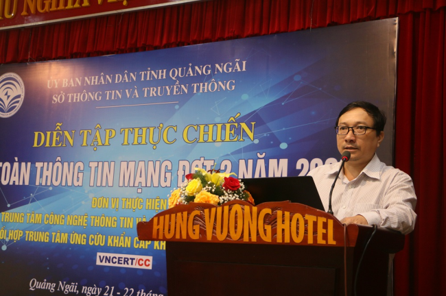 Ông Nguyễn Quốc Huy Hoàng, Phó Giám đốc Sở Thông tin và Truyền thông phát biểu khai mạc Diễn tập